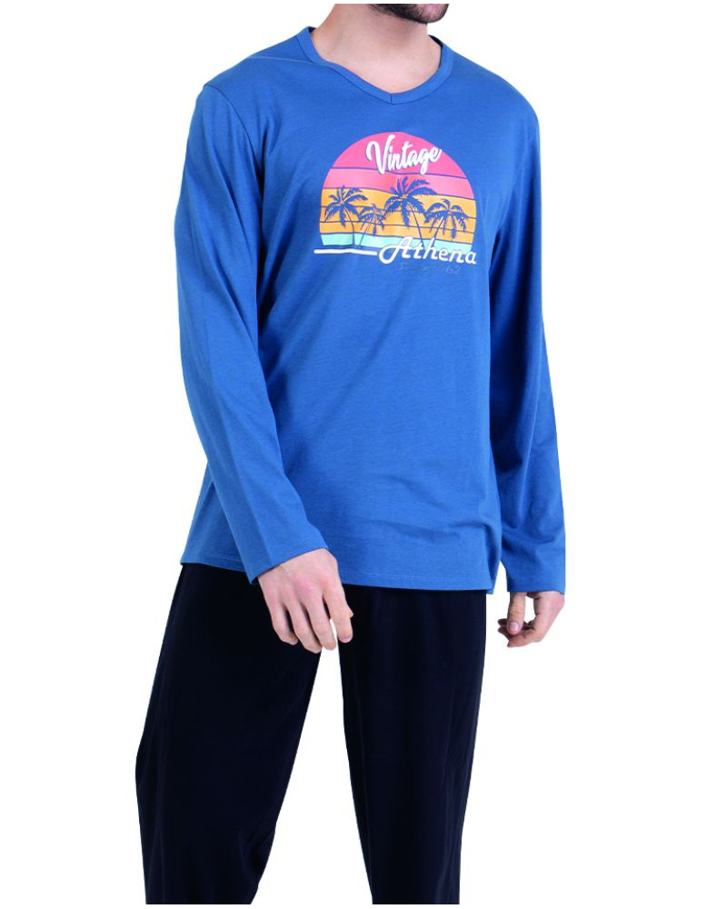 Pyjama long Jersey 100% coton Athena EcoPack Vintage (Bleu lavende / Noir)