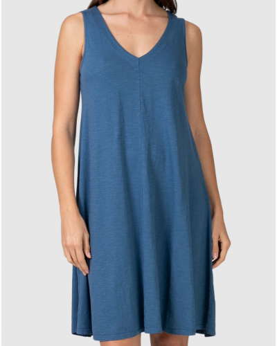 Robe de plage 100% coton sans manche Col V Massana (Bleu)