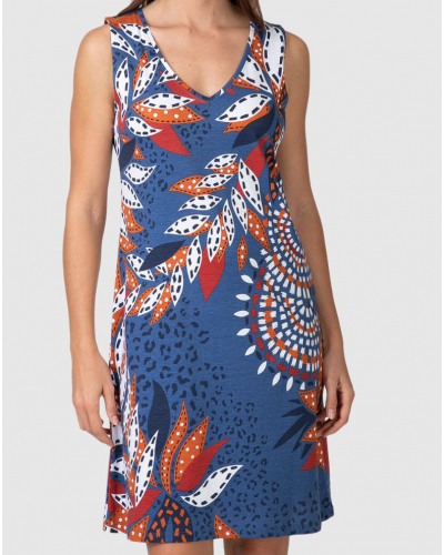 100% Cotton Sleeveless Feuilles Beach Dress Massana (Blue)