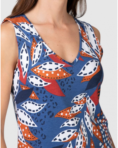 Robe de plage 100% coton sans manche Feuilles Massana (Bleu)