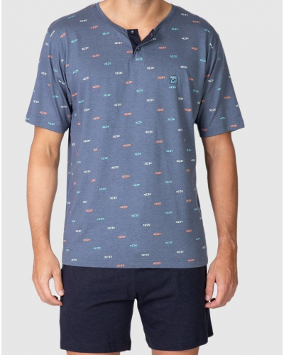 Pijama Corto de Algodón con Cuello Abotonado, Motivos Massana (Gris)