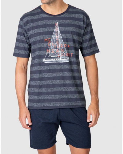 Pyjama court coton rayé nautique Massana (Marine)