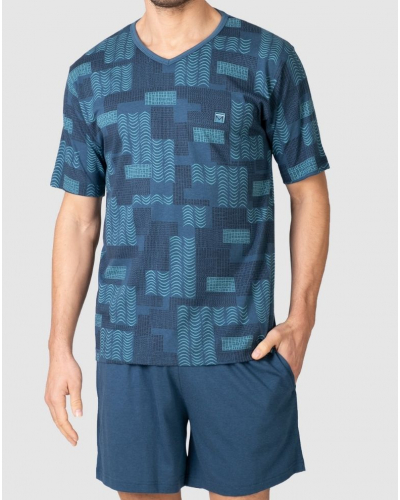 Short Cotton and Modal V-Neck Pajama with Patterns Massana (Blue)