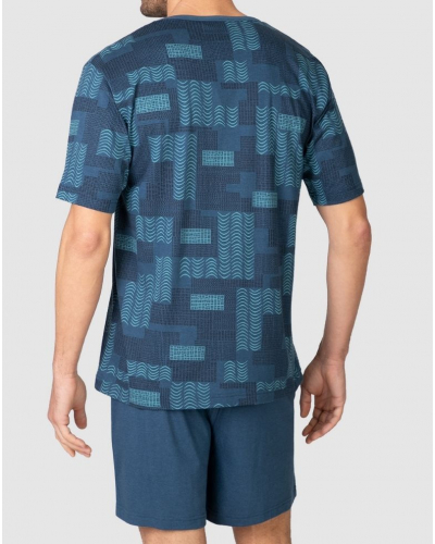 Pyjama court coton et modal col V Motifs Massana (Bleu)