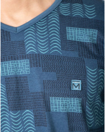 Short Cotton and Modal V-Neck Pajama with Patterns Massana (Blue)