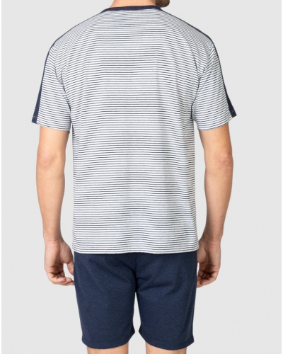 Short Cotton Striped Pajama with Buttoned Collar Massana (Melange Navy)