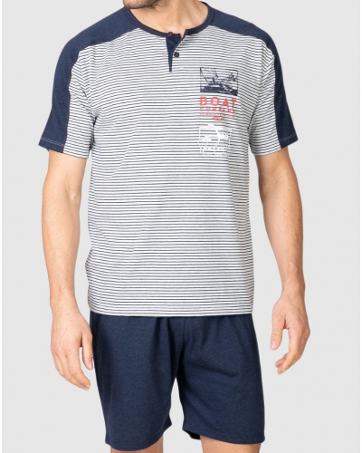 Short Cotton Striped Pajama with Buttoned Collar Massana (Melange Navy)