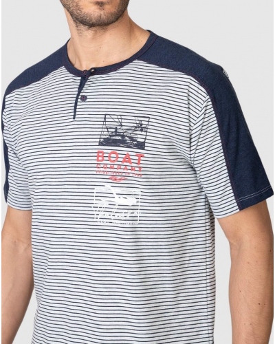 Pyjama court coton rayé col boutonné Massana (Melange Navy)