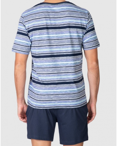 Pyjama court 100% coton rayé col V Massana (Bleu)