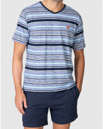 Short Pajama 100% Cotton Striped V-Neck Massana (Blue)