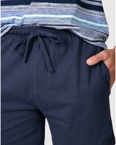 Pyjama court 100% coton rayé col V Massana (Bleu)