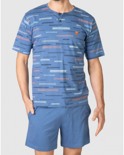 Short Pajama 100% Cotton Buttoned Collar Massana (Medium Blue)