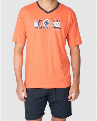 Short V-neck Cotton Massana Pajamas (Dark Coral)