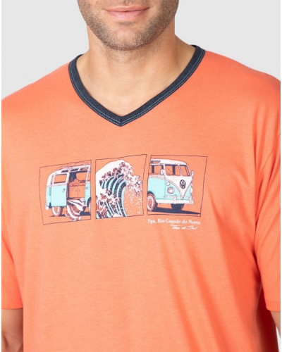 Pyjama court col V Coton Massana (Dark coral)