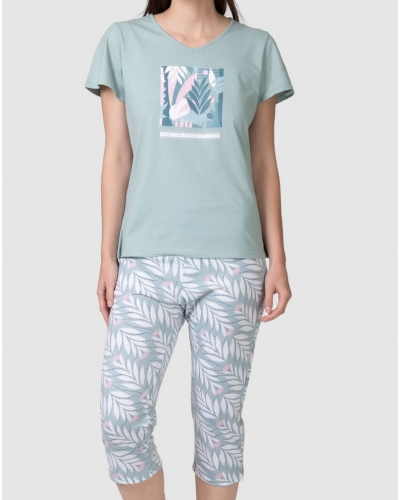 Pyjama court 100% coton Feuilles Massana (Kaki)