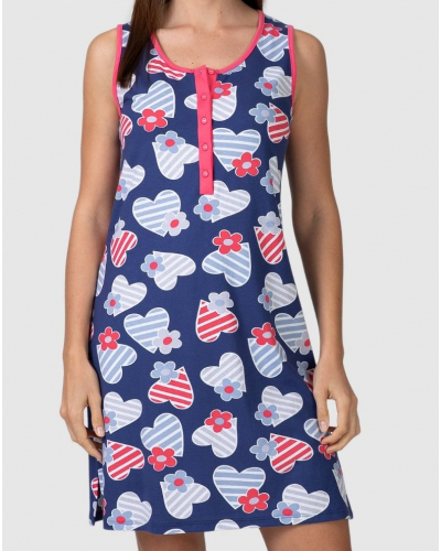 Massana Heart and Floral Buttoned Nightshirt 100% Cotton (Navy)