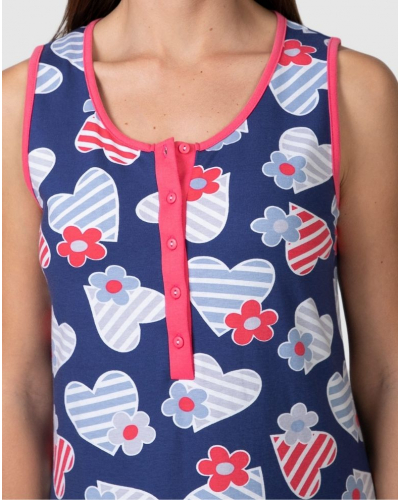 Massana Heart and Floral Buttoned Nightshirt 100% Cotton (Navy)