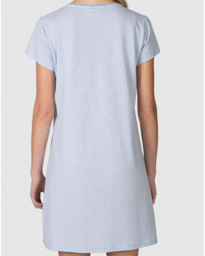 Short-sleeved Striped Buttoned Nightshirt in Cotton Massana (Celeste)