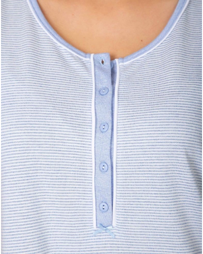 Short-sleeved Striped Buttoned Nightshirt in Cotton Massana (Celeste)