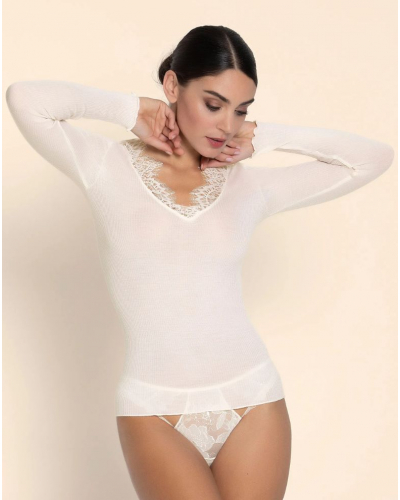 Long sleeves tee-shirt wool and silk Lise Charmel Plaisir Caresse (Ecru Nacre)
