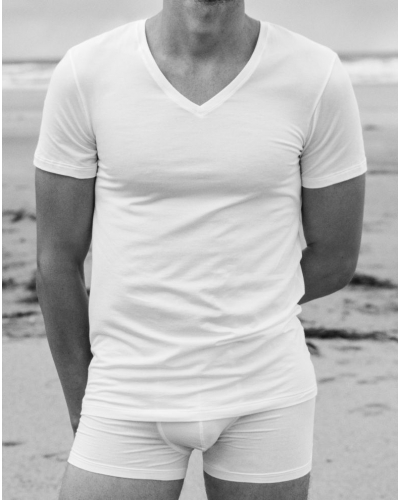 T-shirt homme en coton col V manches courtes Hanro Cotton Superior (Blanc)