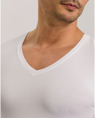 T-shirt homme en coton col V manches courtes Hanro Cotton Superior (Blanc)