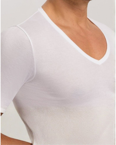 T-shirt homme 100% Coton col V manches courtes Hanro Cotton Pure (Blanc)