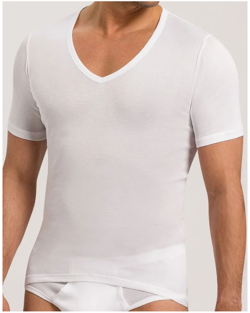 Camiseta hombres 100% Algodón mangas cortas cuello V Hanro Cotton Pure (Blanco)