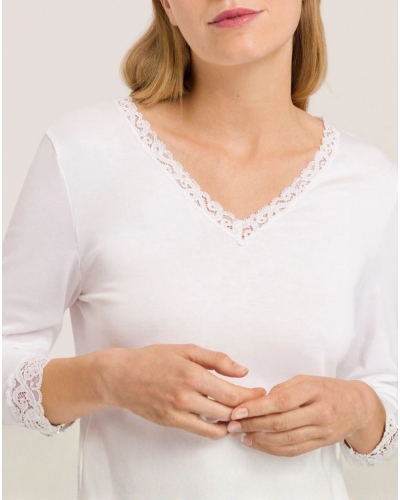 Chemise de nuit femme 100% Coton interlock manches 3/4 Hanro Moments (Blanc)