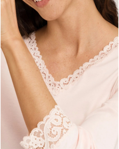 Women 100% interlock cotton nightgown 3/4 sleeves Hanro Moments (Crystal Pink)