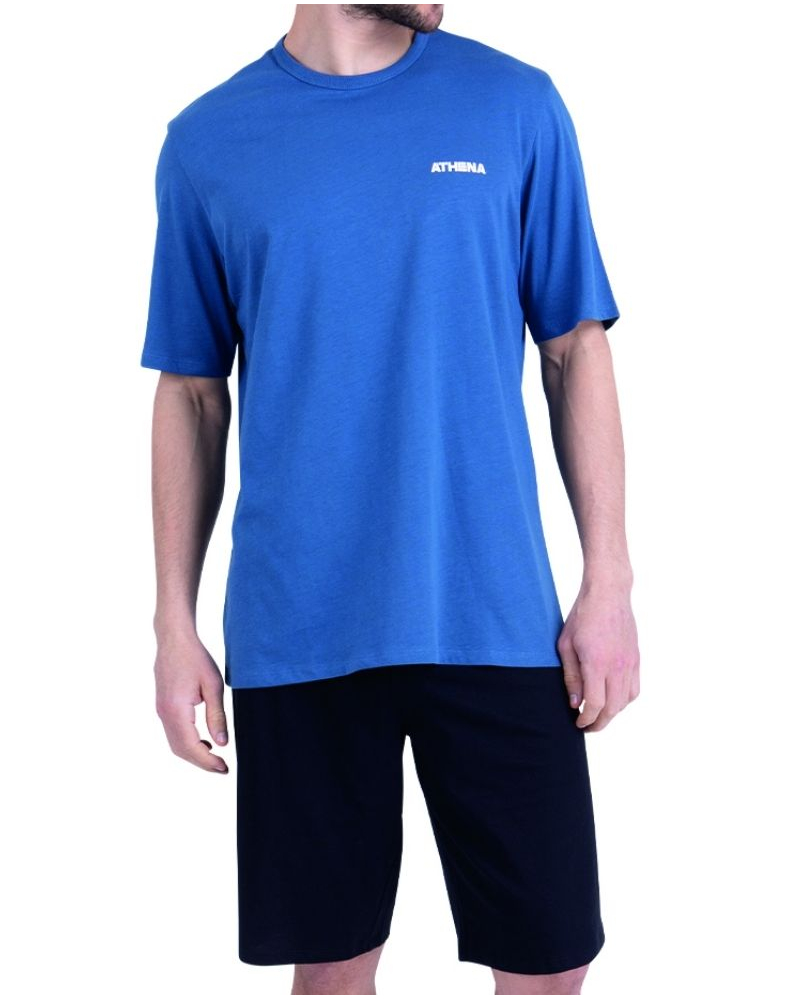 Pyjama court col rond 100% coton Athena (Bleu/Noir)