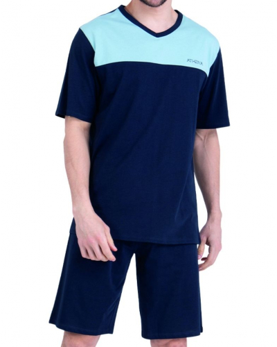 Pyjama court col V 100% coton Athena EcoPack Construction (Bleu gris/Marine)