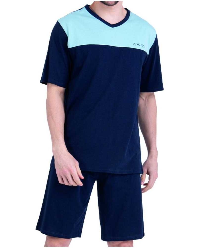 Pyjama court col V 100% coton Athena EcoPack Construction (Bleu gris/Marine)