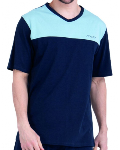 Pyjama court col V 100% coton Athena EcoPack Construction (Bleu gris/Marine)