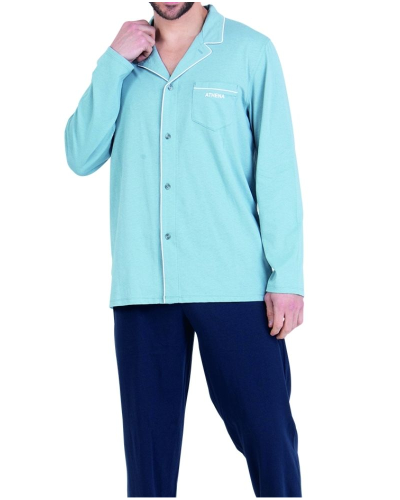 Pyjama long 100% coton bio Athena Chic (Bleu gris/Marine)
