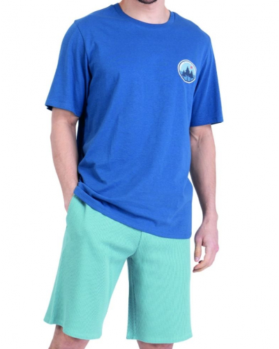 Short pyjamas 100% cotton Athena Waffle (Bleu lavande/Vert pin)