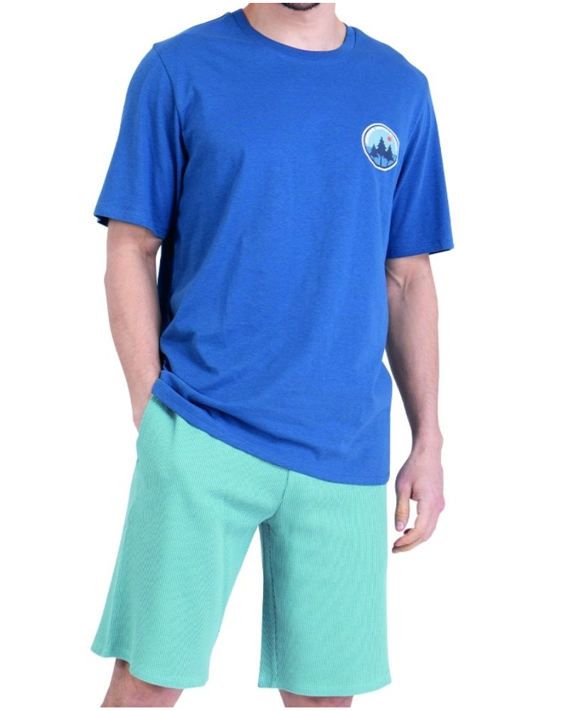 Short pyjamas 100% cotton Athena Waffle (Bleu lavande/Vert pin)