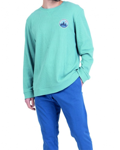 Pijama largo 100% algodón Athena Waffle (Vert pin/Bleu lavande)