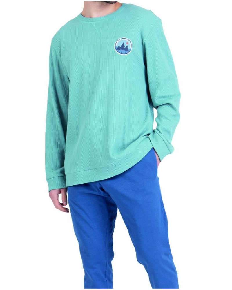 Pyjama long 100% coton Athena Waffle (Vert pin/Bleu lavande)