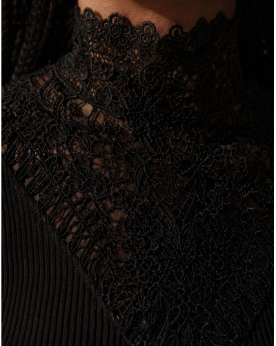 Ribbed wool and silk tulle top with Leavers lace Oscalito 7800 (Black)