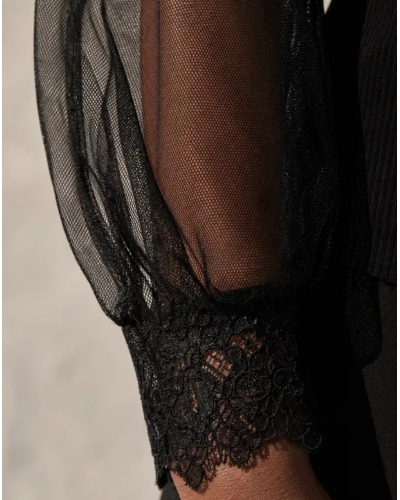 Chemise en tulle côtelée laine et soie dentelle Leavers Oscalito 7800 (Noir)