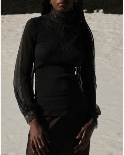 Chemise en tulle côtelée laine et soie dentelle Leavers Oscalito 7800 (Noir)