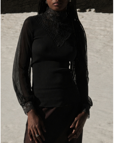 Ribbed wool and silk tulle top with Leavers lace Oscalito 7800 (Black)