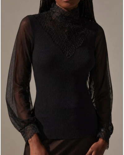 Chemise en tulle côtelée laine et soie dentelle Leavers Oscalito 7800 (Noir)