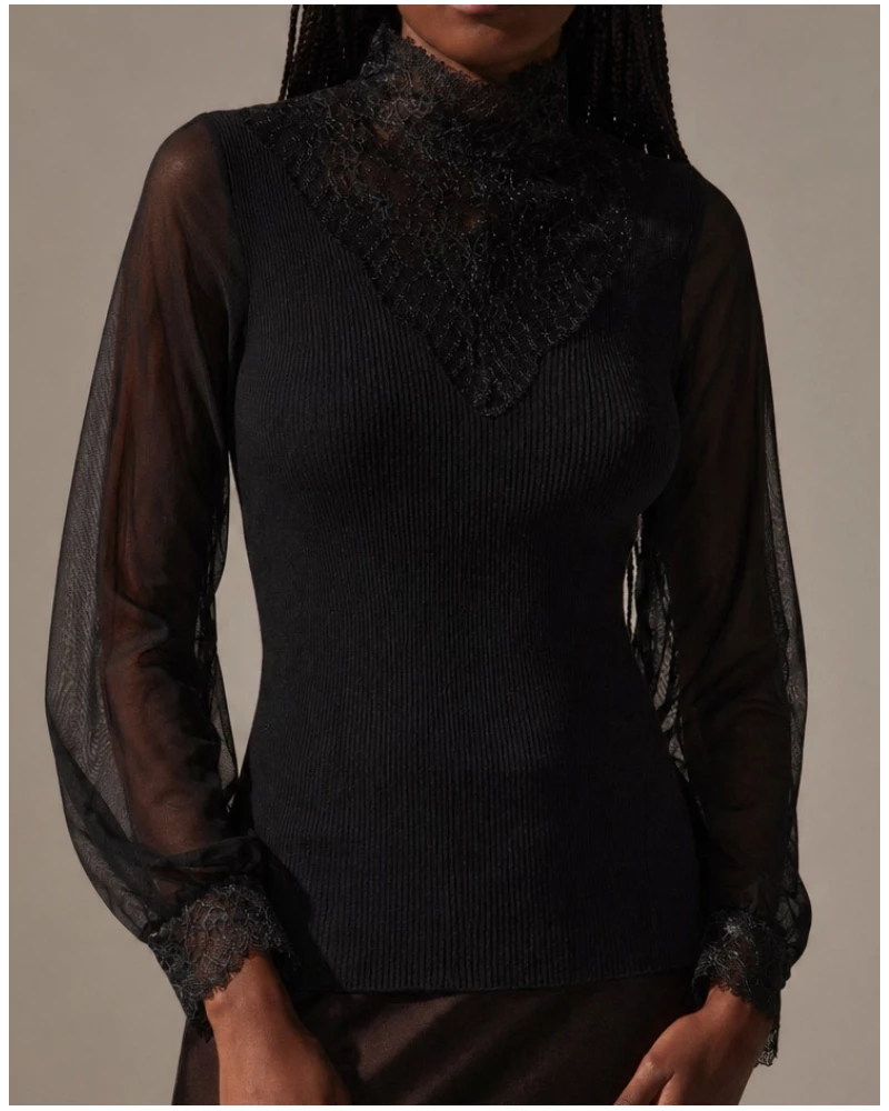 Camiseta de tul acanalado en lana y seda con encaje Leavers Oscalito 7800 (Negro)