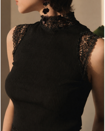 Ribbed wool and silk mock neck top with Leavers lace Oscalito 7801 (Black)