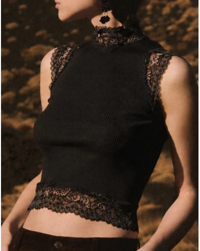 Ribbed wool and silk mock neck top with Leavers lace Oscalito 7801 (Black)