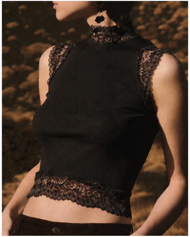 Ribbed wool and silk mock neck top with Leavers lace Oscalito 7801 (Black)