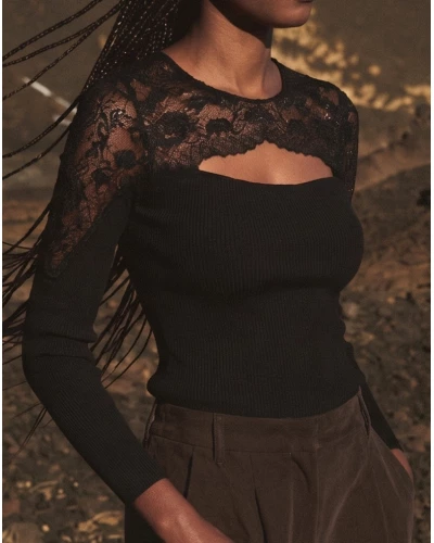 Ribbed long-sleeve wool and silk top with Leavers lace Oscalito 7803 (Black)