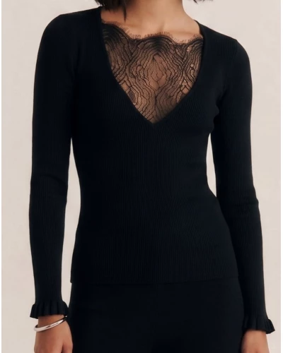 Top de manga larga en lana y seda con encaje Chantilly Oscalito 7817 (Negro)